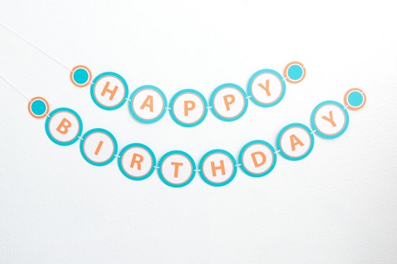 Happy Birthday Banner, Modern Party Banner, Orange and Turquoise Il_570xn