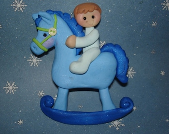 Baby Rocking Horse Christmas Ornament Blue Pink PJ's Polymer Clay Milestone Cake Topper Gender Reveal Shower 1st Birthday Buttons Rockers