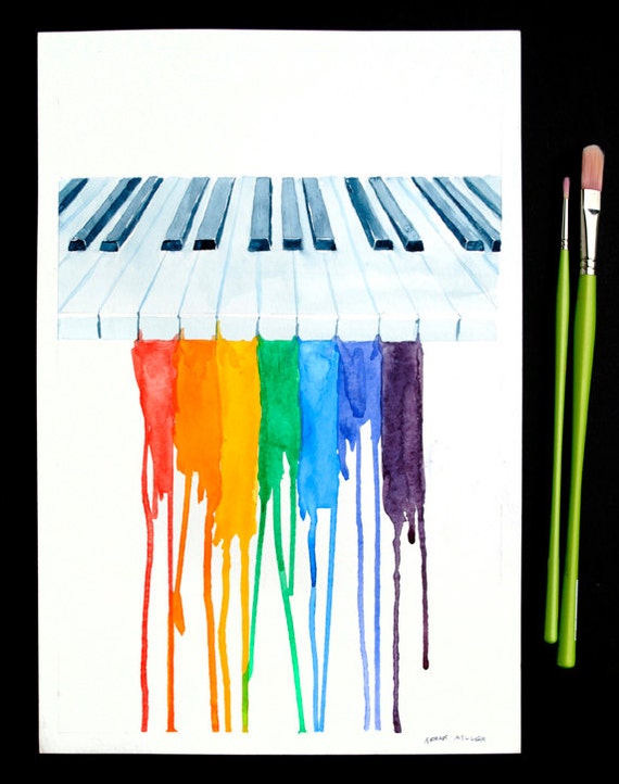 Items similar to Rainbow Piano Watercolor Painting, Original Dripping