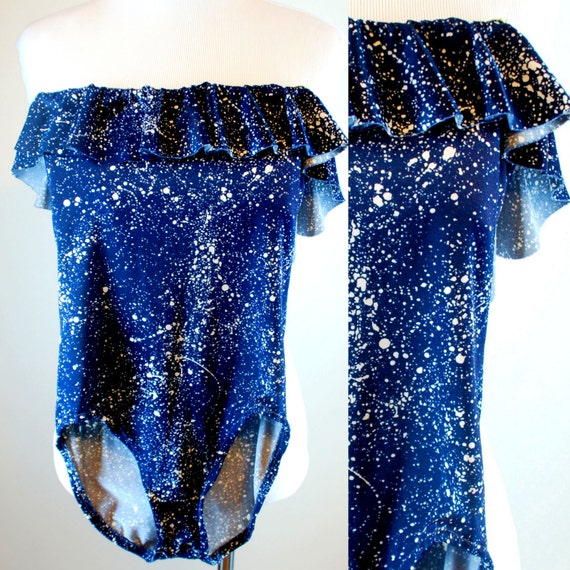 Vintage 80s Galaxy Splatter Paint  Print Strapless Bandeau One