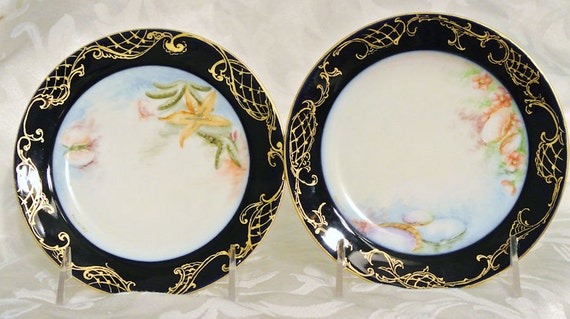 Limoges Artist Signed Hand Painted Porcelain Plates Haviland France 1900s Antique Art Nouveau Pair Cobalt Trim Stenciled Gold Gilding French