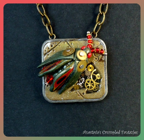 Industrial green beetle necklace, vintage necklace, machine part necklace, steampunk bug necklace, Victorian gear pendant by CrumpledFantazies steampunk buy now online