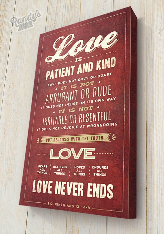 Bible Verse on Canvas, 1 Corinthians 13:4-8, Christian Art, Pick your colors, Premium Canvas wrapped on solid wood frame