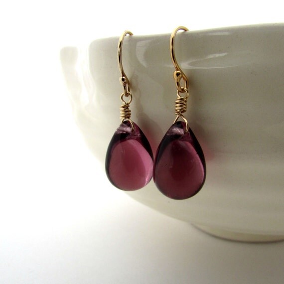 Amethyst purple glass earrings Czech glass jewelry gold fill