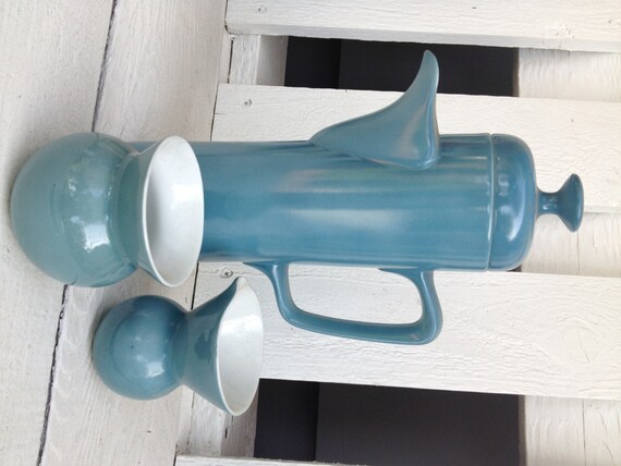 Vintage Contemporary Tea or Coffee Pot Matte Blue With Matching Creamer & Sugar