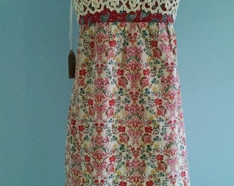 Boho Babydoll Womens Dress with Vintage Crochet, Short Festival Hippie, Empire Waist, peasant, mori