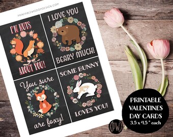 Valentines Day Cards printable Valentine card DIY classroom Valentine printable print for kids children classroom cards Valentine's Animals