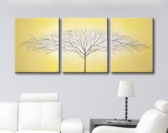 Canvas Art Painting Wall Art Wall Decor 3 Piece Tree of Life Paintings Original Painting Wall Hanging Home Decor 48x20 Cadmium Yellow