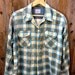 60's Mancraft Flannel Shirt // Blue, Yellow, White and Navy Plaid Pattern // Size Large Neck 16