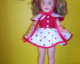 Red, Green or Black Polka-Dot Dress~Cape~Panties Fits 15" Vinyl Shirley Temple and 14" P-90 Toni Doll Made To Order