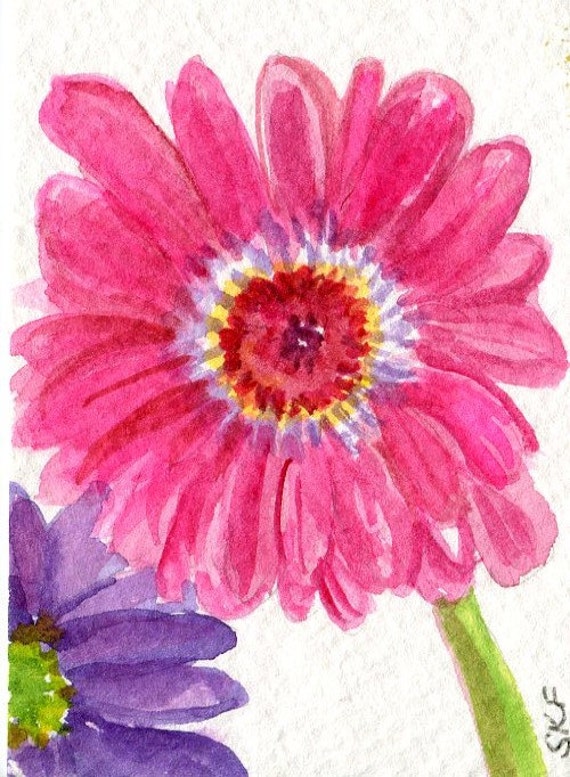 ORIGINAL Pink Gerbera Daisy Purple gerber by SharonFosterArt