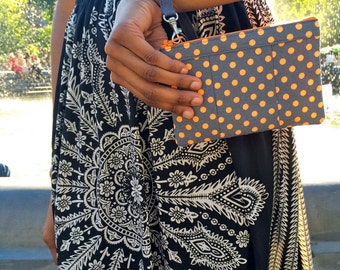 Grey and Neon Orange Polka Dots Wristlet Wallet, IPhone Wristlet, Zipper Wallet, Fabric Wallet, 144 Collection