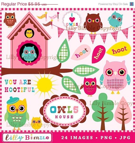 50% off OWL Clipart Hootiful, bunting, owls, trees, clip art images Instant Download Il_570xn