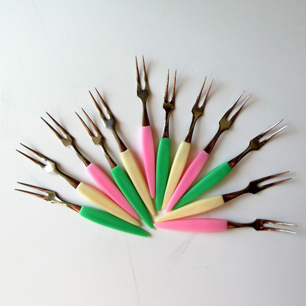 Vintage 60s Flatware Cocktail Forks coloured plastic and stainless