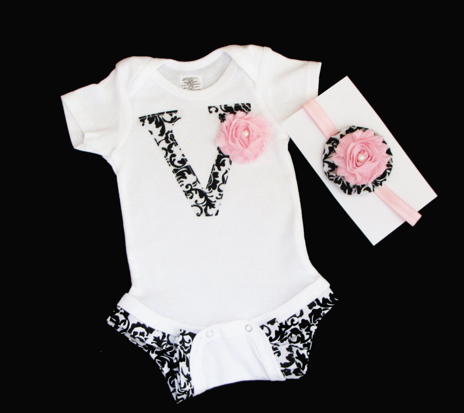 Baby girls clothing.. Shabby chic DAMASK initial Ruffle legged