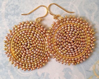 Small Beaded Disc Earrings Bright Sun Goddess multicolored seed bead earrings