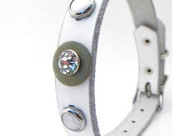 Clean White Leather Dog Collar Industrial Brass with Gems and Pearls - Size XS/S - to fit a 9-12in Neck, OOAK