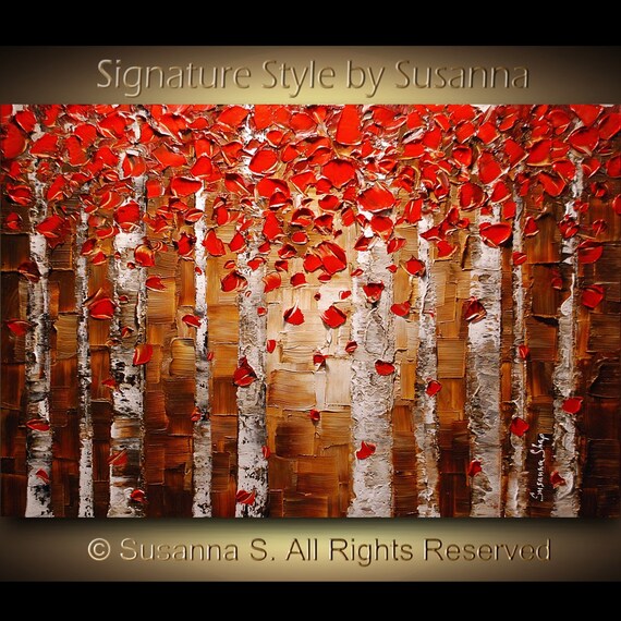 ORIGINAL Abstract Red Birch Trees Painting by ModernHouseArt