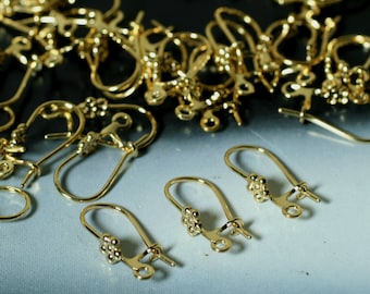 Earwire, gold-plated brass, 23mm kidney with 4x4mm flower and closed loop, 20 gauge, 16 pcs (item ID F8528FD)