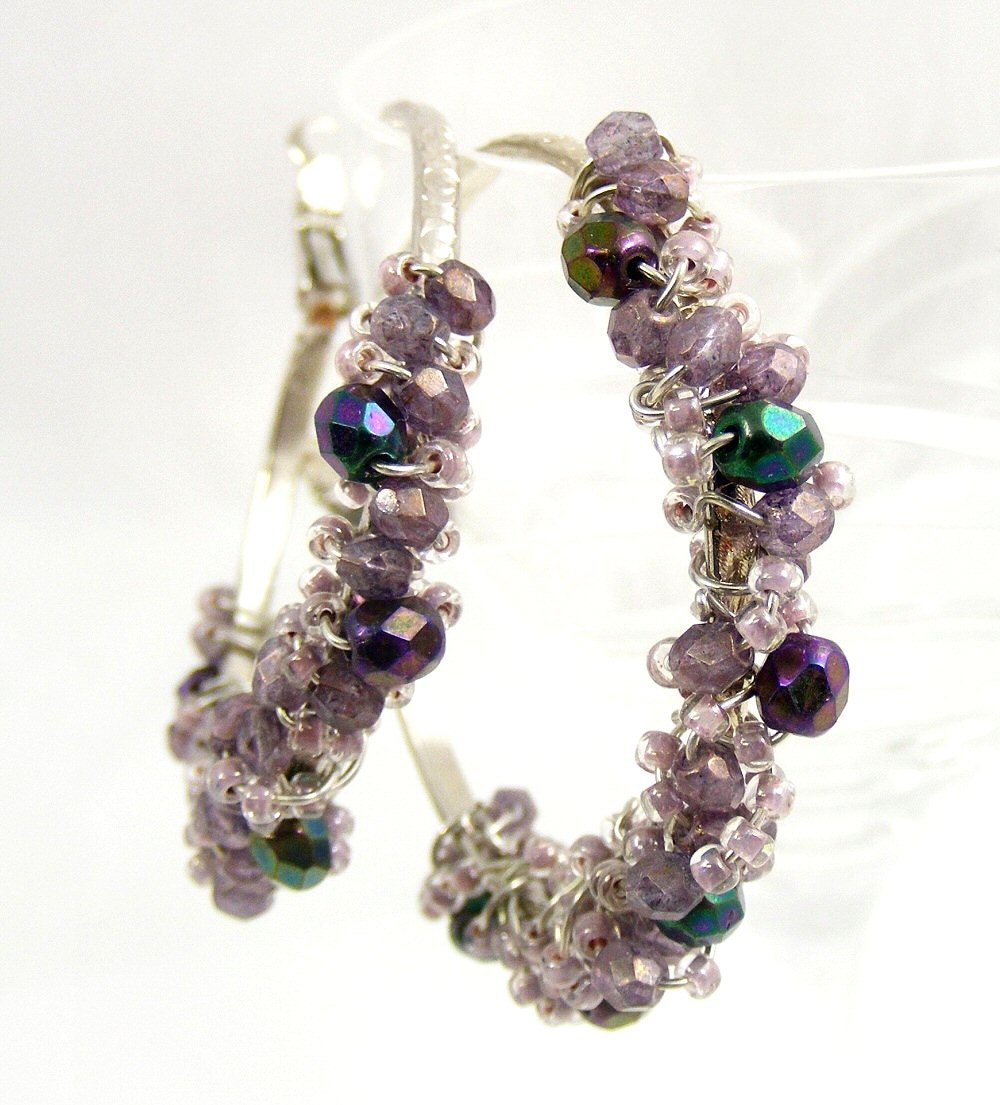 Purple Earrings Silver Hoop Earrings Wirework Earrings