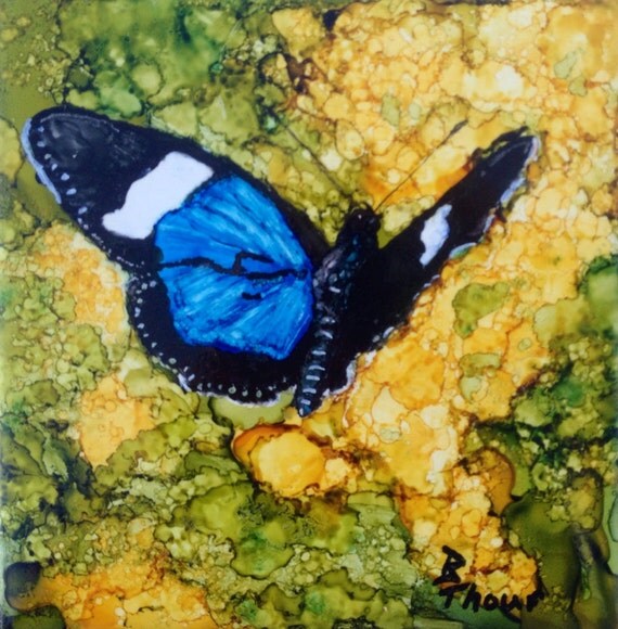 Blue and Black Butterfly on Yellow Flowers Art Tile
