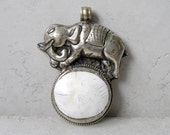 Vintage Tibetan Conch, Silver Elephant Pendant- Ethnic Off White Conch Shell, Silver Elephant Pendant- Two Sided Pendant