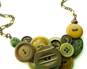 Vintage Button Necklace Woodland Goddess - Earth Tones Olive Green