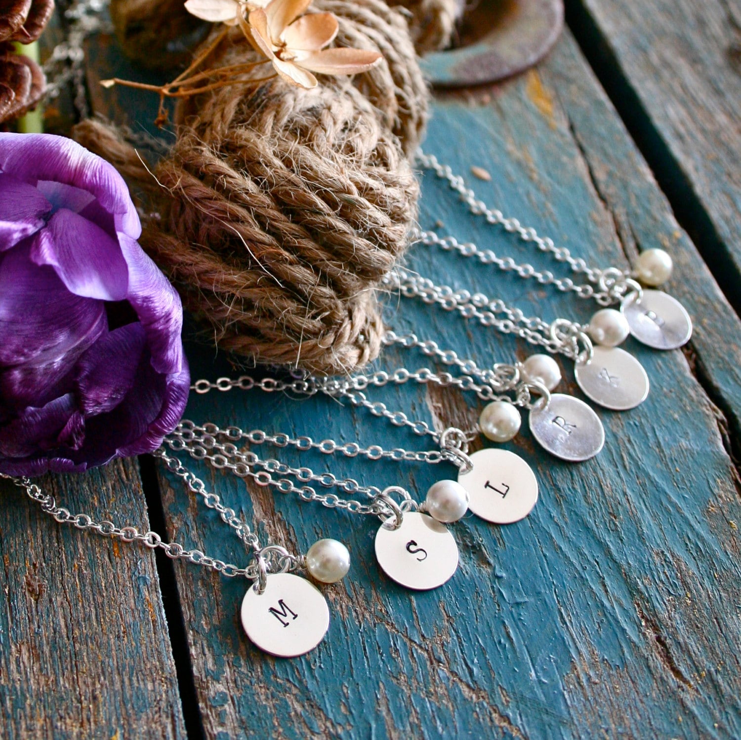 SIX Personalized Bridesmaid Necklaces Bridesmaid Set Pearl