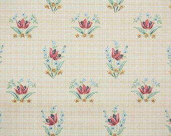 1930's Vintage Wallpaper - Antique Floral Wallpaper with Red Tulips and Tiny Blue Flowers on Mini Plaid