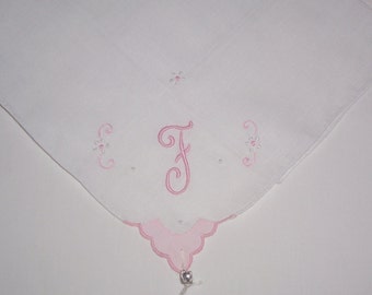 Vintage Hanky with Pink Initial F Hankie Handkerchief