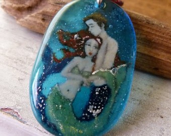 Amazing Mermaid in love - fused glass pendant