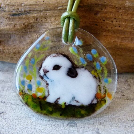 Rabbit necklace Baby bunny in the garden fused glass