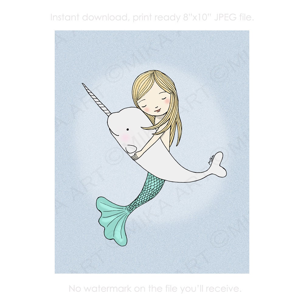 Mermaid Narwhal Illustration Print Instant Download Diy