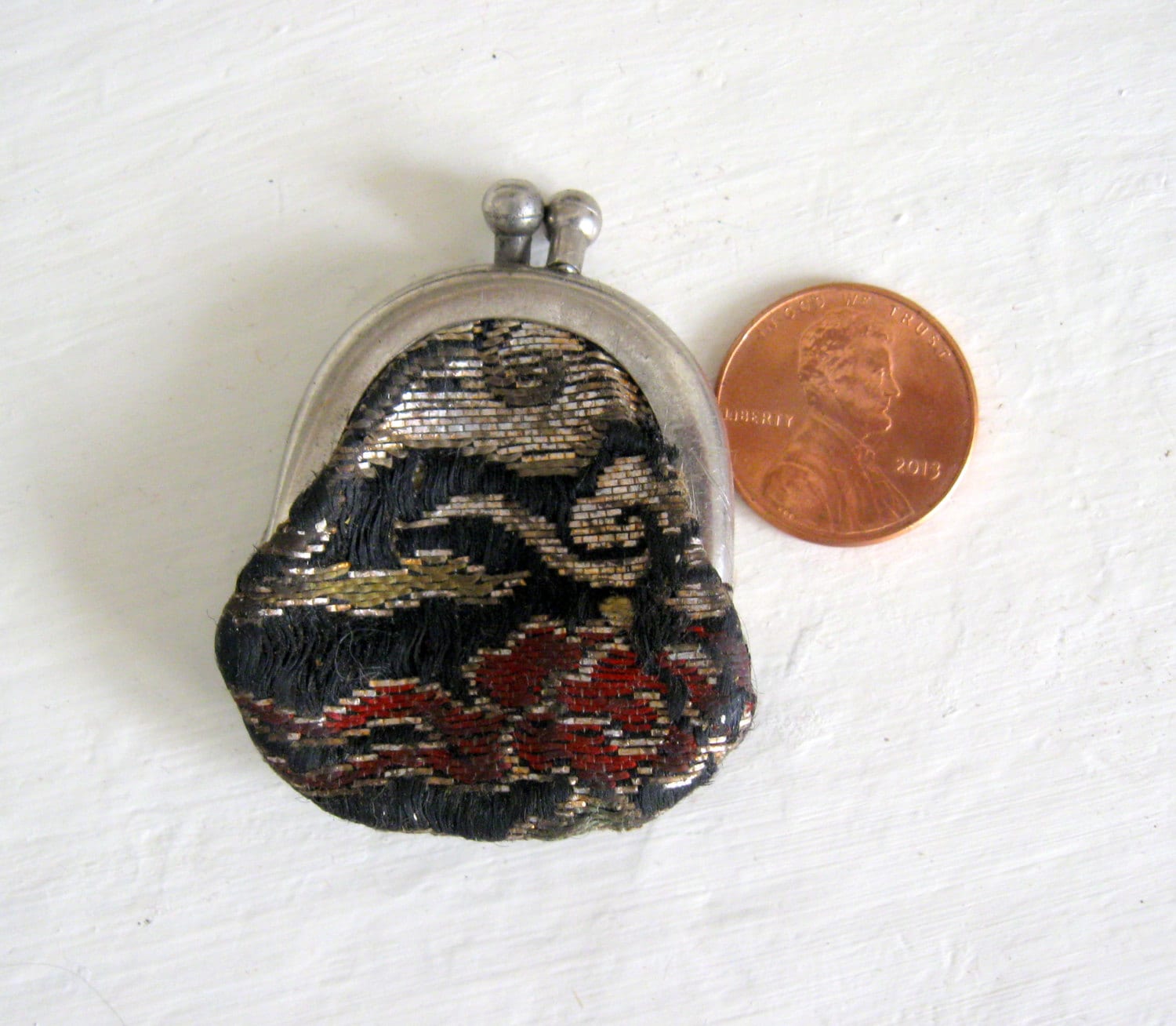 Tiny Vintage Miniature Coin Purse Silk with Leather Interior