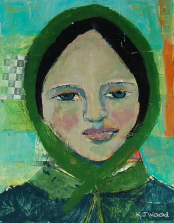 Acrylic Portrait Painting, Original, Woman, Becomingly Dressed, Green Bonnet, Blue Coat, 8x10 Mixed Media, Collage, Canvas Panel
