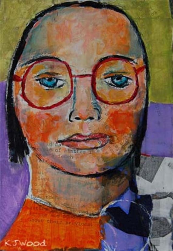 Acrylic Portrait Painting -  Heart on Her Sleeve, 5x7, Girl, Red Glasses, Purple, Orange, Green, Collaged Background