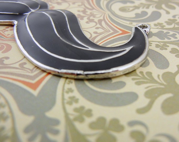 Double Link Black Epoxy Moustache Pendant Silver-tone