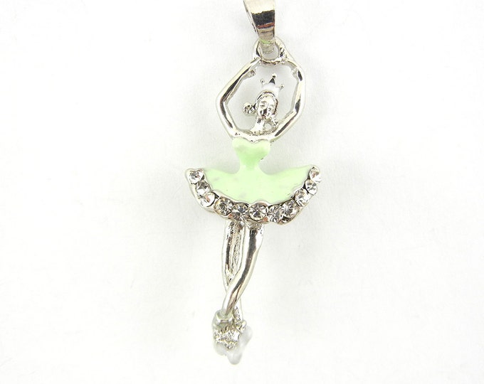 Silver-tone Rhinestone Dimensional Ballerina Pendant Green Epoxy Tutu