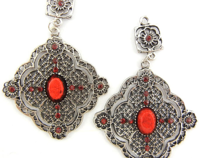 Pair of Antique Silver-tone Drop Charms Red Accents