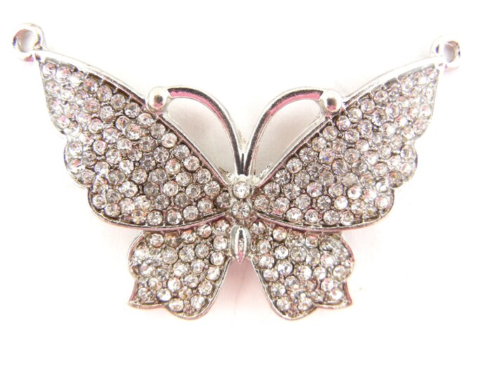 Silver-tone Double Link Rhinestone Butterfly Pendant