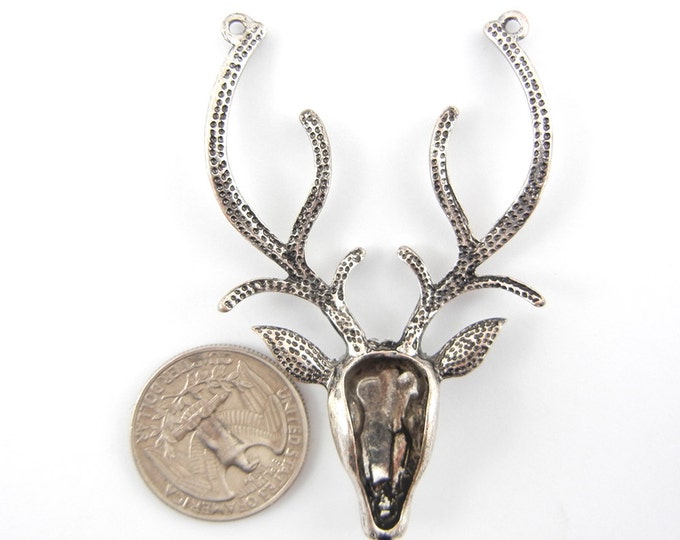 Antique Silver-tone Deer Head Double Link Pendant Rhinestones