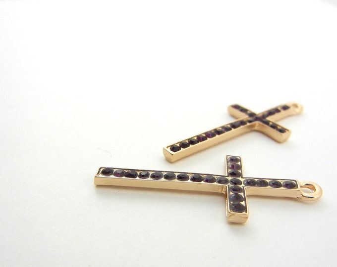 Pair of Gold-tone Cross Charms with Amethyst Purple Rhinestones