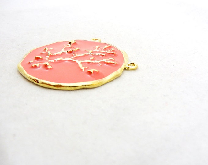 Round Double Link Gold-tone Coral Branch Pendant with Coral Epoxy