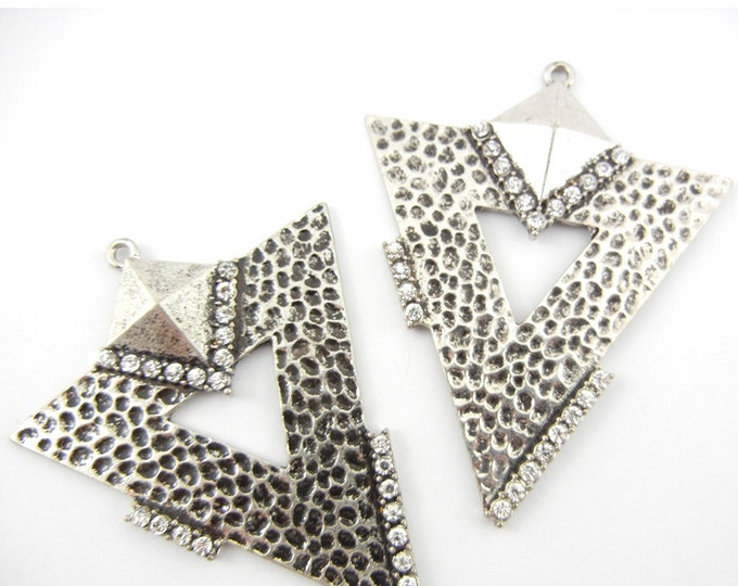 Pair of Large Burnished Silver-tone Textured Triangle Drop Charms Rhinestones