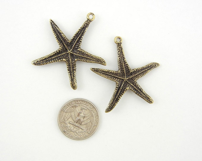 Pair of Burnished Gold-tone Textured Starfish Charms Rhinestones