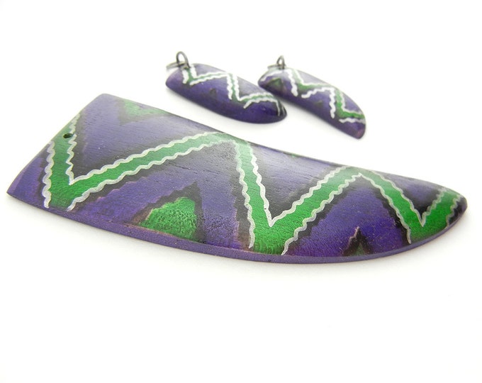 Set of Purple Wooden Horn or Claw Shaped Pendant and Charms Tribal Print