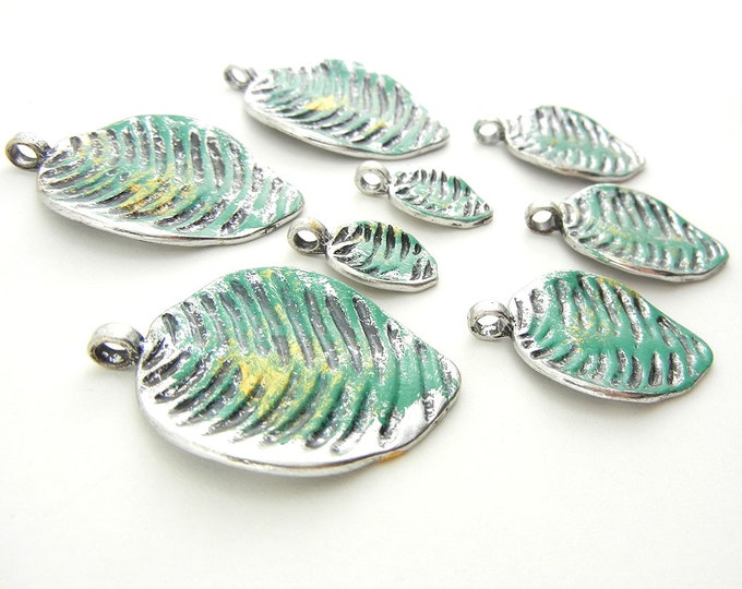 Set of 8 Painted Antique Silver-tone Leaf Charms