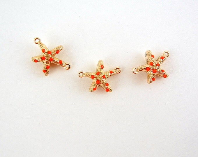 Set of 3 Small Double Link Starfish Charms Gold-tone Coral Acrylic Cabochons