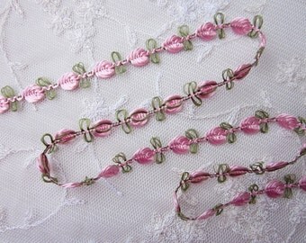 Embroidered Rose Bud PINK Flower Ribbon Trim w Green Leaves Scrapbook Reborn Doll Quilt Sewing Couture