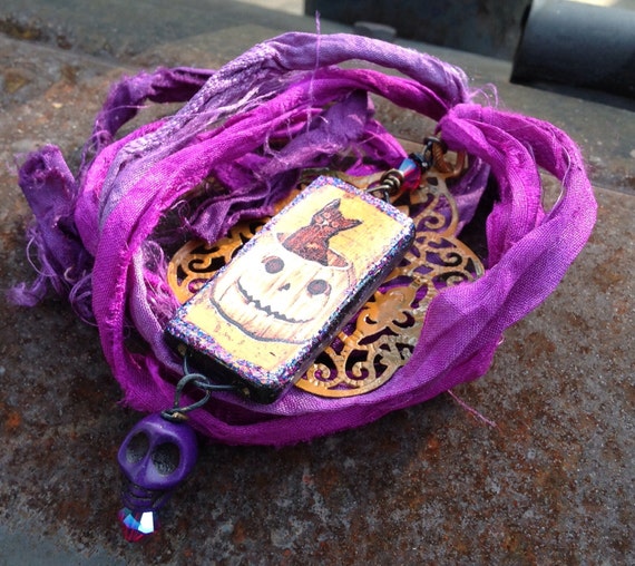 Black cat and Jackolantern Pendant on Purple Fair TradeSilk Sari Ribbon     Bohemian Filigree Jewelry  orig 22 ndollars now 10 sale